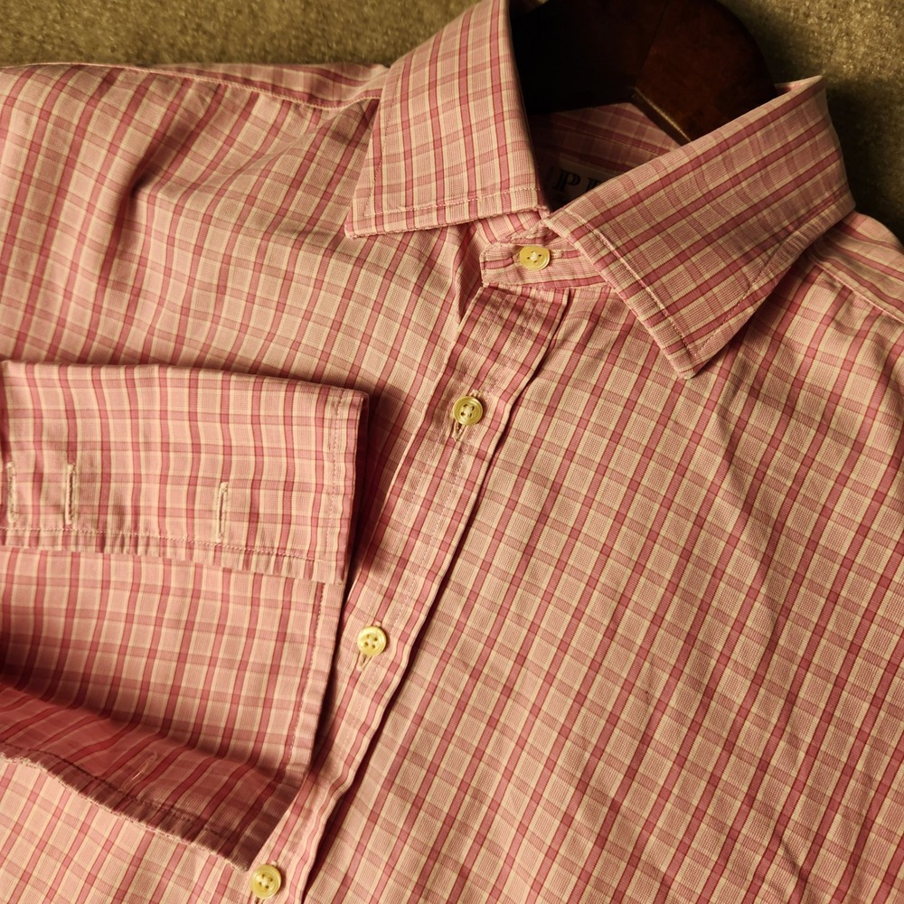Thomas Pink Dress Shirt Mens 16.5 34 Pink White Check Button Down Double Cuff